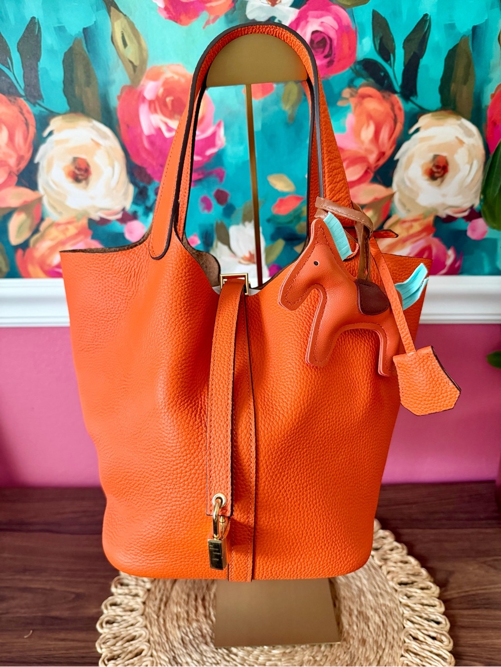 Orange Leather Bucket Tote Bag with Horse Charm